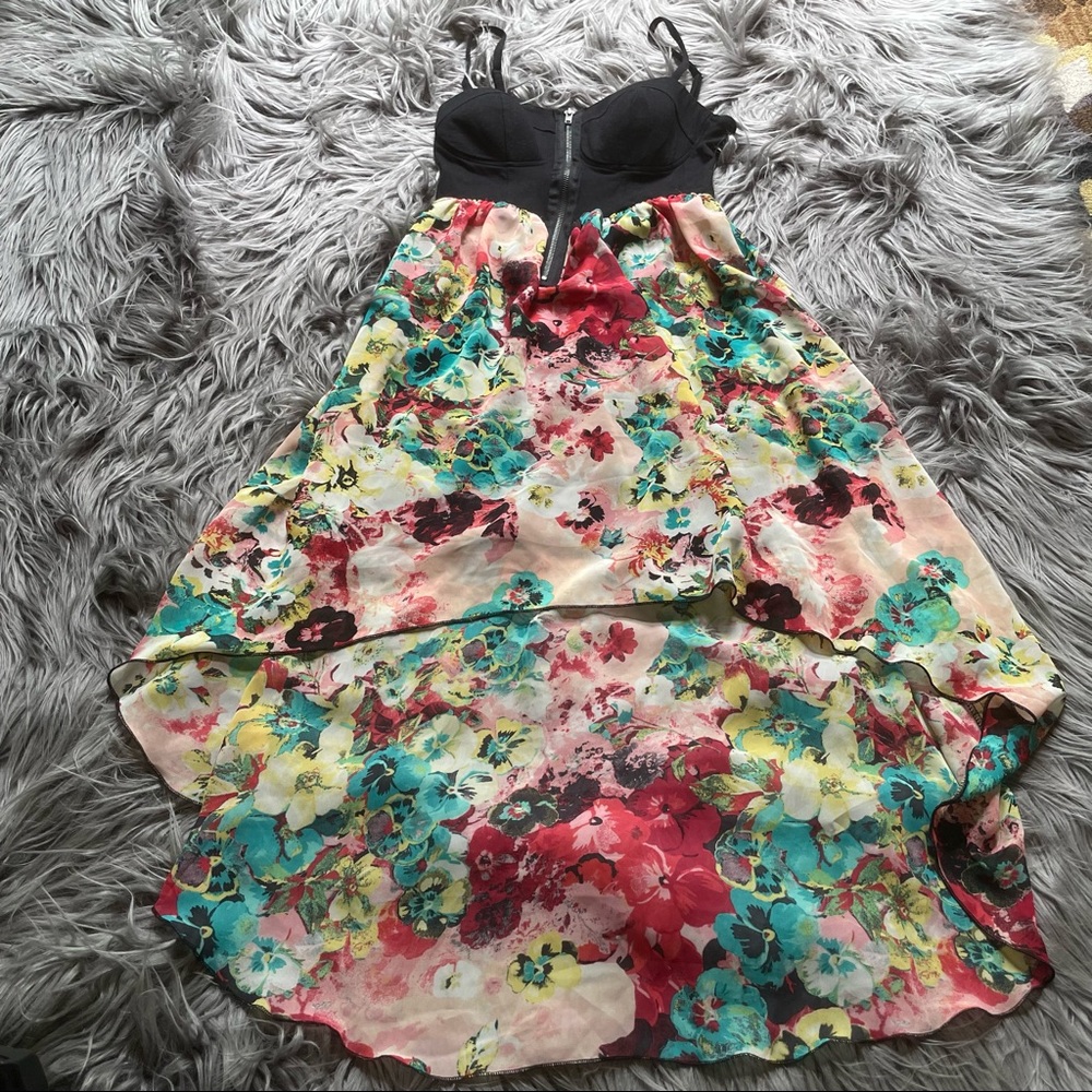 Material Girl Black Zipper Colorful Flower High Low Dress Size Medium
